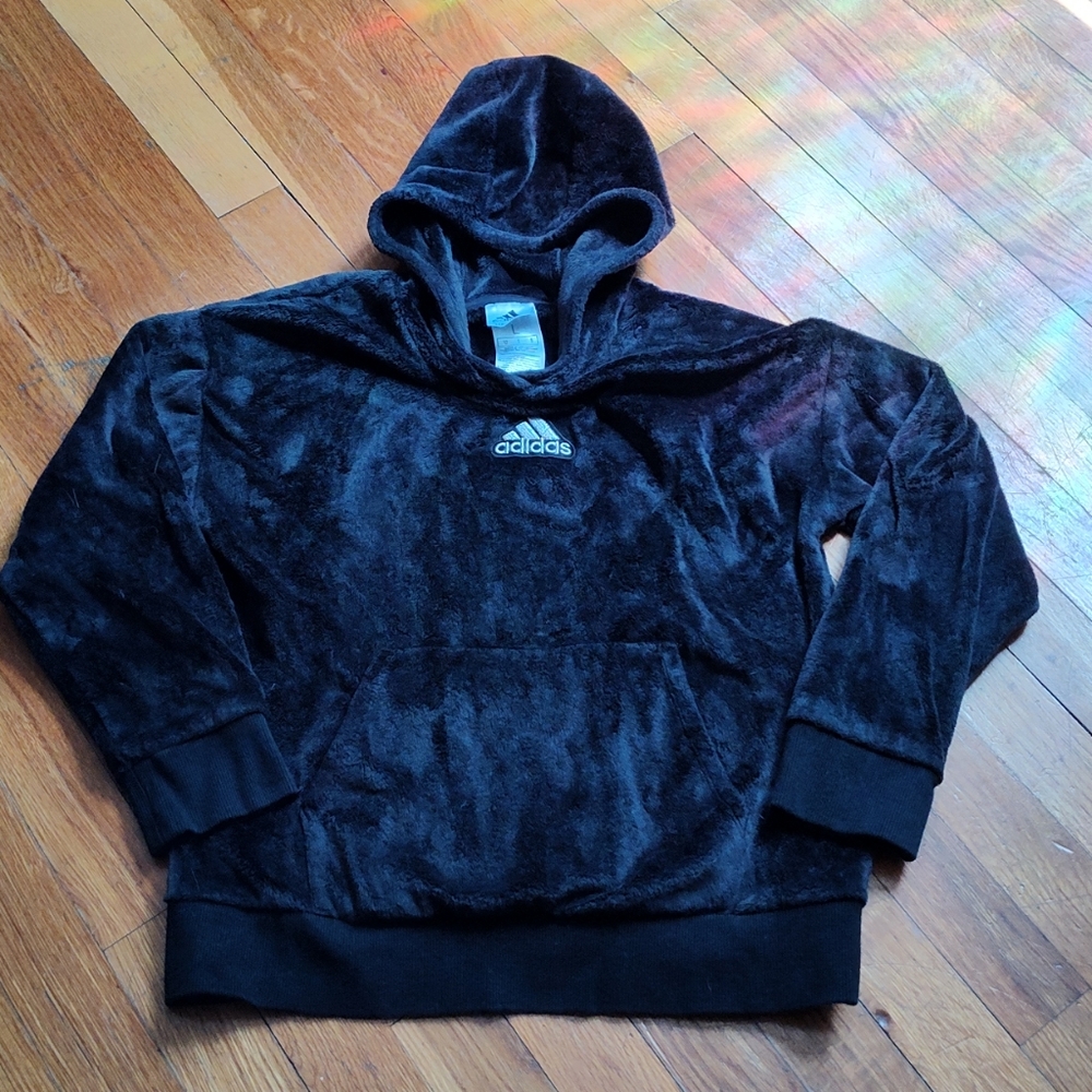 Kids black plush Adidas pullover hoodie size large / 14